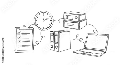 Workflow Organization and Productivity Tools: Laptop, Clock, Clipboard, Binders, Inbox - Managing Tasks and Time Effectively in a Modern Office for Business, Education, and Project Planning. Minimalis