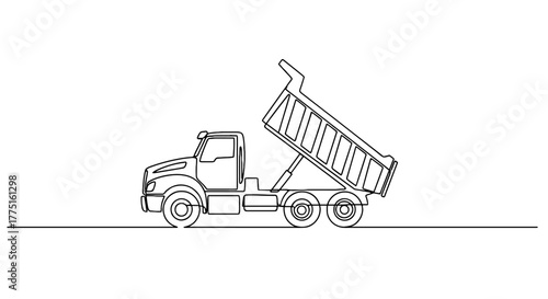 Construction Dump Truck Lifting Bed in Continuous Line Art on Green Field: Infrastructure Project Delivery, Logistics, Transportation, Waste Management, Building, and Modern Engineering Design Present