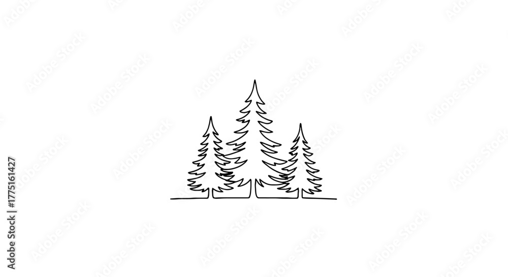 Fototapeta premium Serene Pine Trees Line Art Illustration in Minimalist Style, Evergreen Forest Scene for Nature-Themed Designs & Eco-Friendly Projects, Single Continuous Line Drawing for Elegant Logo & Branding, Susta