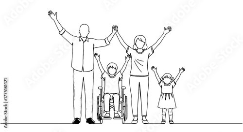 Happy Inclusive Family Celebration Illustration: Parents and Children with Disability Holding Hands in Joyful Exuberance, Diverse Family Concept for Education, Healthcare, and Lifestyle Projects, Mode