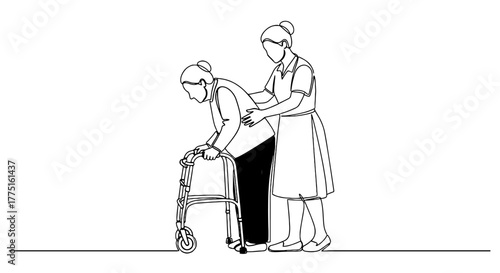 Senior Woman Recovering with a Walker, Assisted by Caregiver in a Medical Setting, Illustrating Home Healthcare, Physical Therapy, Support & Independence in Aging, in a Modern Line Art Style (Healthca