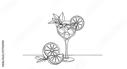 Refreshing Citrus Cocktail Illustration: Garnished Orange Slice Drink with Ice Cubes Line Art Style, Summer Beverage Still Life, Modern Minimalism for Restaurant Menu, Bar, Party Invitation (Health, L