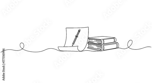 Books and Pencil on Paper Continuous Line Drawing for Education, Writing, and Creativity Concepts - Minimalist Still Life for Learning, School, or Library Presentation - Graphic Design Element for Web