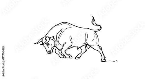 Powerful Bull Charging Forward: Dynamic Line Art Illustration on White Background, Symbolizing Strength, Determination, and Financial Markets – Ideal for Business Presentations, Website Graphics, and