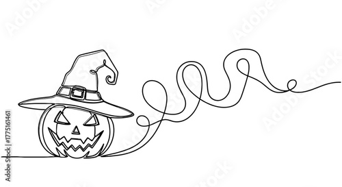 Whimsical Halloween Pumpkin with Witch Hat Creating a Spooky Atmosphere: Continuous Line Art Illustration for Autumn Celebrations, Festive Invitations, Creepy Decor & Themed Greetings, Perfect for Hal