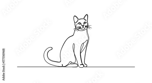 Elegant Single Line Drawing of a Burmese Cat Sitting Upright on a Ground Line, Animal Portrait Illustration for Minimalist Decor, Pet-themed Websites, Veterinary Clinic Advertising, Artwork for Cat Lo
