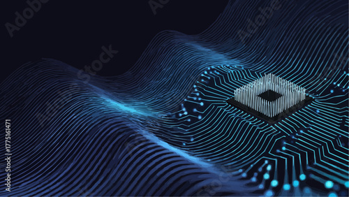 Abstract rendering of a computer chip on a circuit board with undulating blue lines and glowing dots