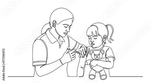 Female Healthcare Professional Administering Vaccine to Young Girl with Teddy Bear at Clinic, Continuous Line Drawing for Pediatric Care, Vaccination Campaign, Immunization Program, Healthcare Awarene