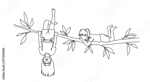Two Young Girls Enjoying Playful Moments in a Tree:  Childhood Friends Relaxing, Hanging Upside Down, and Lounging on Branches in a Backyard Garden for Summer Fun and Outdoor Recreation Illustrations.