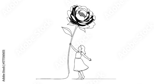 Girl Reaching for Paper Flower in Dreamy Landscape: A Minimalist Line Art Illustration with a Symbolic Connection to Nature, Growth, and Imagination for Children's Book Design, Conceptual Art, and Whi