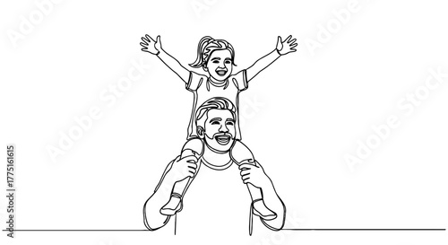 Happy Father with Daughter on Shoulders Enjoying Quality Time Together in a Minimalist Style Illustration for Family Bonding Concepts, Child Development, Parenting Education, Healthcare, and Lifestyle