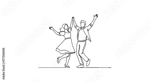 Joyful Couple Celebrating Success in Minimalist Style Illustration:  Energetic man and woman dancing together with arms raised in a minimalist line drawing style on white backdrop for party invitation