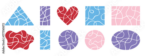 Pastel crack geometric shapes elements. Broken lines pattern effect set. Decorative template cute crack square, circle and heart