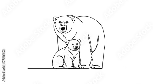 Polar Bear and Cub Together in Arctic Landscape, Continuous Line Drawing Style for Conservation Awareness, Depicting Wildlife, Family Bond, and Vulnerable Ecosystems in Minimalist Design for Education