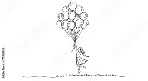 Woman Flying with Balloons on Airy Background for Freedom Concept - Joyful girl with pastel balloons floats in watercolor style, symbolizing inspiration, dreams, aspirations, and imagination. A perfec