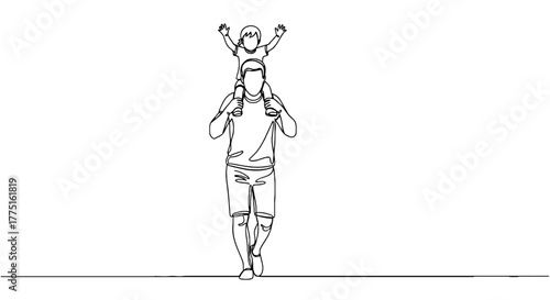 Father Carrying Child on Shoulders in Single Line Art Style, Walking Outdoors - Minimalist Illustration of Dad and Kid Bonding with Family Fun, Representing Parenthood and Love, Perfect for Lifestyle