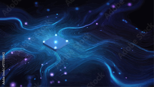 Abstract blue technology landscape with central chip and glowing particles on dark background design