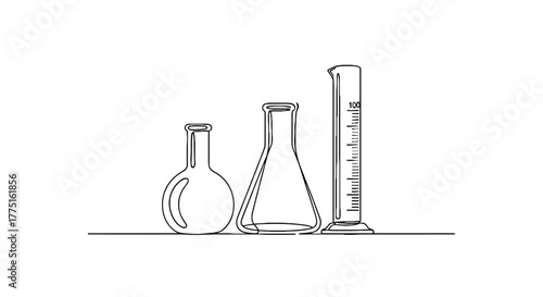 Science Lab Beakers and Cylinder in Minimalist Line Art Style Illustration for Scientific Research Presentation: Chemistry Equipment for Chemical Analysis, Education, and Experimentation in White Sett