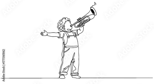 Energetic Child Plays Trumpet, Spreading Joyful Music in a Whimsical Scene Representing Childhood Innocence and Musical Expression, Perfect for Educational, Creative, and Nostalgic Projects. Continuou