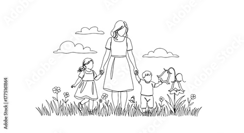 Loving Mother Walking with Children in Blooming Meadow Illustration, Family Togetherness, Springtime Outing in Nature, Representing Parenting, Childhood Joy and Bonding, Modern Linear Art Style on Whi
