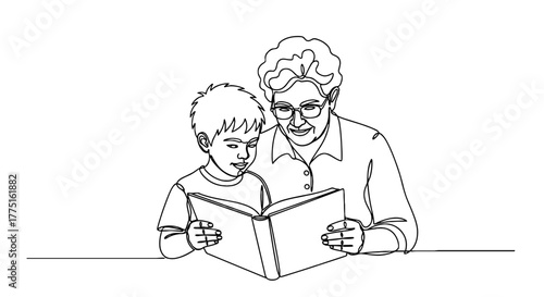 Grandmother and Grandson Reading a Book Together Line Art Illustration, Sharing a Story in a Minimalist Continuous Line Drawing Style.  Concept for Family Time, Education, Intergenerational Connection