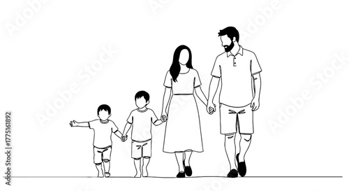 Happy Family Walking Together Outdoors in Minimalist Illustration Style: A single-line drawing of parents holding hands with their two young children, strolling in a carefree manner representing famil
