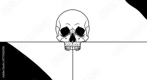Stylized Skull Graphic Illustration Floating Above a Dark Blue and Red Color Block Design, Concept of Mortality and Human Anatomy, Skeletal Reminder for Health and Wellness Presentations, Modern Minim