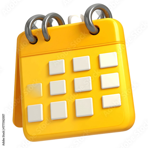 3D-rendered, yellow calendar icon with silver binding, showing blank dates
