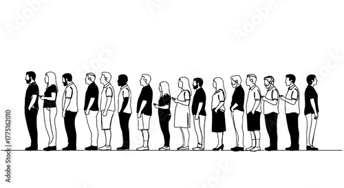 Diverse People Waiting in Line, Side View in Modern Urban Setting for Service or Event, Representing Queuing, Social Distancing, and Orderly Processes for Business, Healthcare, and Community Projects,