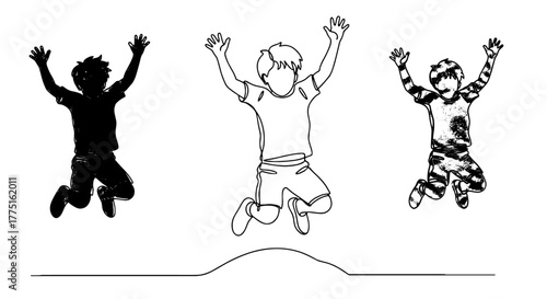 Energetic Children Jumping with Joy on a Hillside Meadow Landscape, Celebrating Freedom and Happiness, Single Continuous Line Art Style Illustration for Education, Healthcare, and Youth Projects (Outl