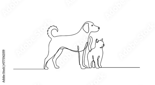 Dog and Cat Companionship Illustration: Modern Feline and Canine Friendship Art for Veterinary Clinic Branding, Pet Care Marketing, and Animal-Themed Design Projects Featuring Clean, Minimalist Line A