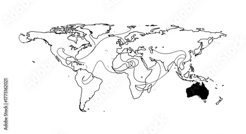 Conceptual World Map Showing Global Connections & Migration Patterns for Business Strategy & International Trade, Featuring Travel Routes & Network Analysis for Education & Presentation Material, Geog