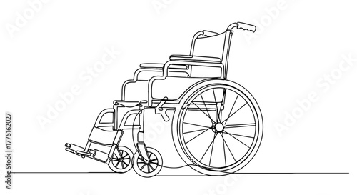 Wheelchair Illustration on White Background: Medical Mobility Aid for Disabled Individuals, Single Continuous Line Drawing in Beige and Teal, Accessible Healthcare Design for Doctors and Rehab Facilit