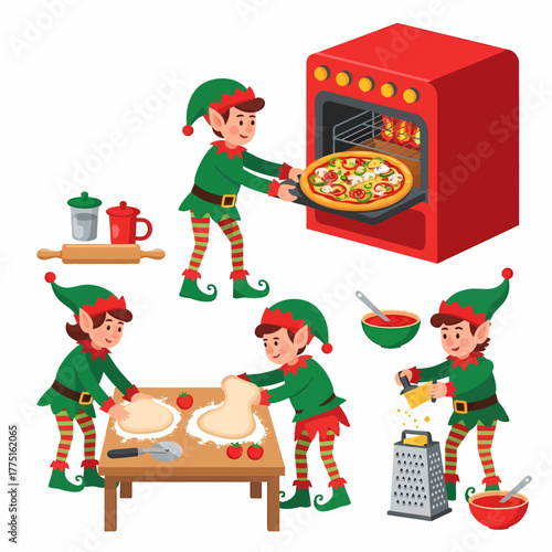 Flat vector holiday elves preparing pizza for christmas feast cheerfully