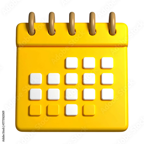 3D-rendered yellow calendar with white square days, isolated on a black background