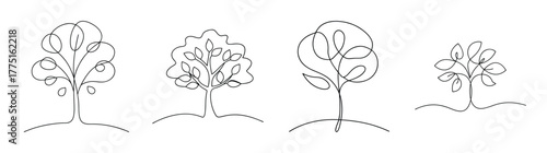 Sketchy linden trees silhouette artistic rendering diverse shapes and sizes with ground shadows