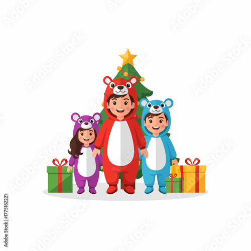 Cartoon kids in bear costumes celebrating Christmas together cheerfully