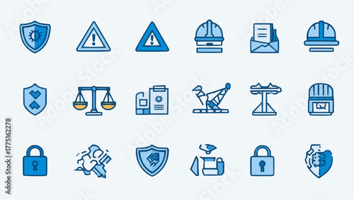 Collection of safety and construction icons featuring shields helmets and warning signs in blue color scheme