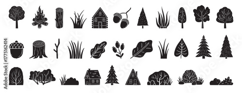 Scandinavian boho forest silhouette isolated elements. mystical and elegant collection various plants forest. Trees, bush, grass, logs, leaves
