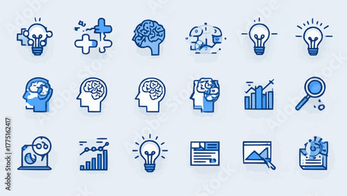 Collection of blue icons representing ideas, brain, data analysis, and problem solving elements together