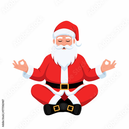 Cartoon Santa Claus meditating in lotus position for christmas relaxation