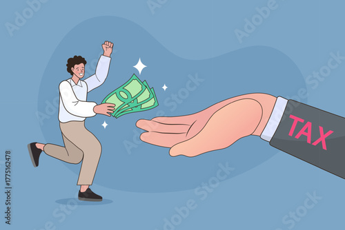 A happy man runs and gives money to a giant hand labeled TAX. This outline scene symbolizes a successful tax filing, an easy tax return process, or a citizen's contribution.