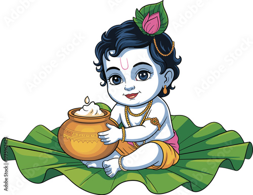 Baby Krishna with pot of butter on lotus leaf hindu god