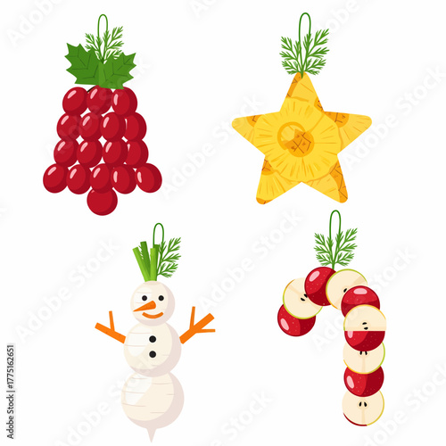 Flat vector edible Christmas ornaments grapes pineapple snowman apple