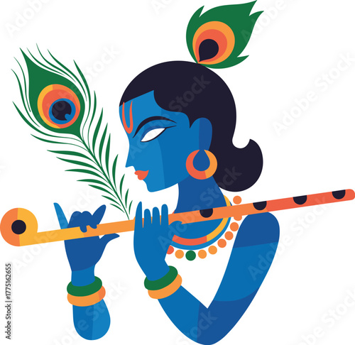 Blue Krishna playing flute with peacock feathers Hindu god