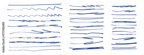 Hand drawn blue pen underline strokes. freehand pen stroke sketch brush scribbles, ink marker squiggle lines.