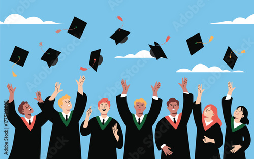 Diverse graduates in black gowns toss caps in the air