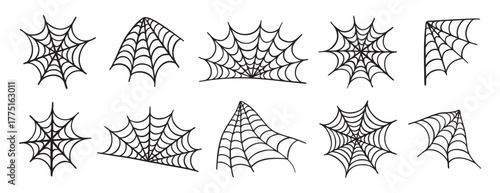 spiderweb for halloween. spider web doodle hand drawn icon set. Outline drawing spider web line clipart symbol collection