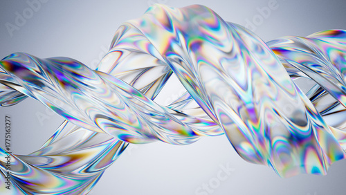 Striking 3D render of an iridescent glass helix. Futuristic graphic for science, tech, or luxury branding. Abstract data strand or DNA concept with light refraction on a clean backdrop
