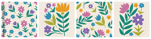 Doodle floral seamless pattern colorful set. Creative trendy flower collage or posters and floral pattern collection. Vintage cartoon hand drawn nature simple spring elements